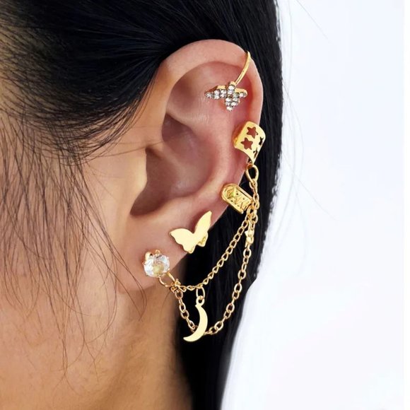 3/$35 5 Piece Cartilage Ear Bone Cuff Clip On Rhinestone Earrings Chain Jewelry - Picture 1 of 3